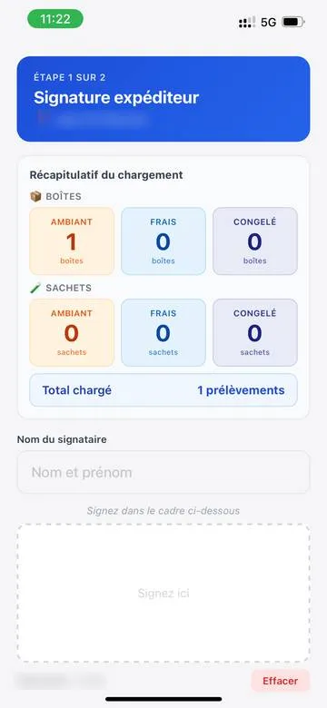 Application chauffeur : signature électronique de l'expéditeur